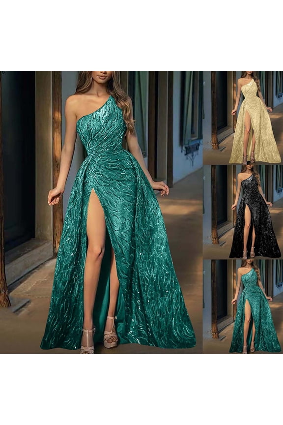 Women Prom Dress Sparkly Sequins Maxi Dresses One Shoulder formal Evening Gown Glitter Party Club Cocktail Dress