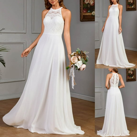 Horkkom Women Wedding Dress Halter Neck formal Dress Sleeveless Long Prom Dress Floral Lace Bridesmaid Dresses