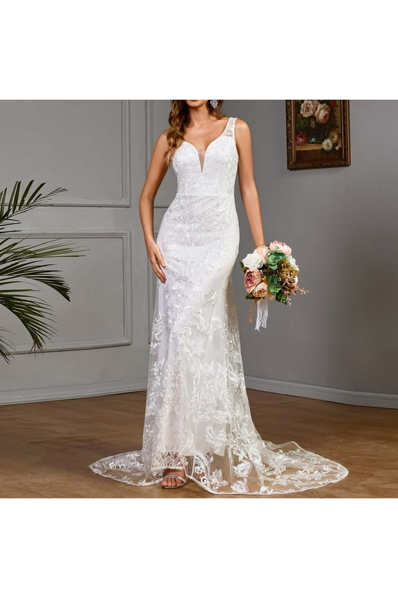 Women Wedding Dress Sleeveless Maxi Dress V Neck Wrap formal Evening Gown Lace Embroidery Long Cocktail Dresses