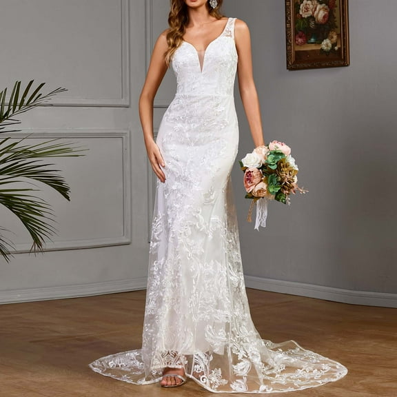 Horkkom Women Wedding Dress Sleeveless Maxi Dress V Neck Wrap formal Evening Gown Lace Embroidery Long Cocktail Dresses