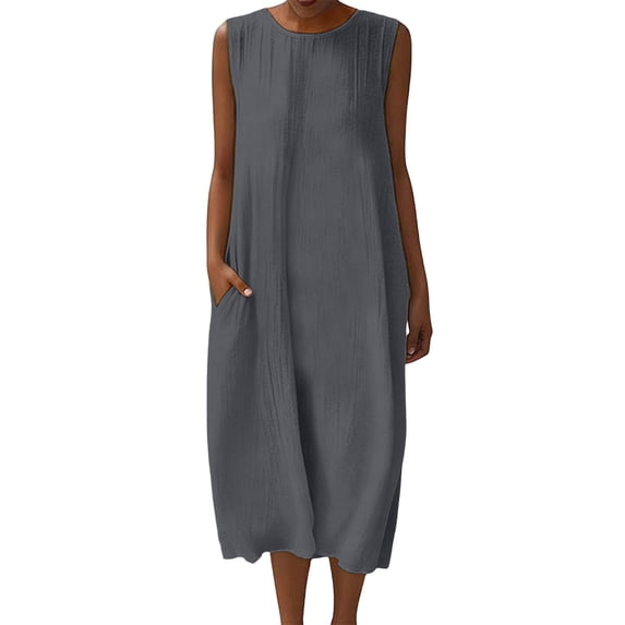Axiiglly Women's Dresses 2026 Summer Casual Linen Sleeveless Maxi Dresses Solid Color Crew Neck Flowy Holiday Beach Dresses S-3XL