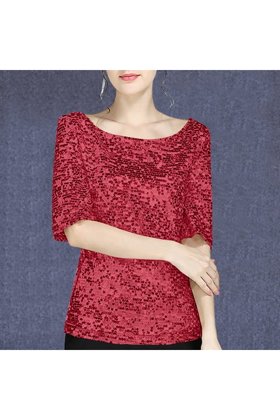 Women's Plus Size Sparkle Sequins Tops Short Sleeve Round Neck Holiday Cocktail Party Casual Tops Blouse Shirt S-5XL