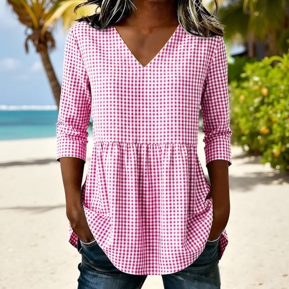 Axiiglly Womens 3/4 Sleeve Tops Plaid V Neck Relaxed Fit Summer Fashion Casual Ruffle Shirts 2026, S-2XL