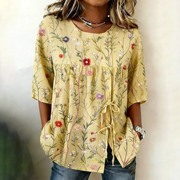 Axiiglly Womens 3/4 Sleeve Tops Plus Size Crewneck Floral Relaxed Fit Summer Button Down Blouses for Vacation/Travel/Daily, S-5XL