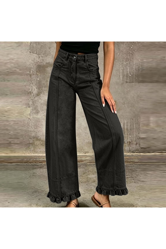 Womens Black Jeans Wide Leg High Waisted Straight Ruffle Hem Denim Pants with Pockets M