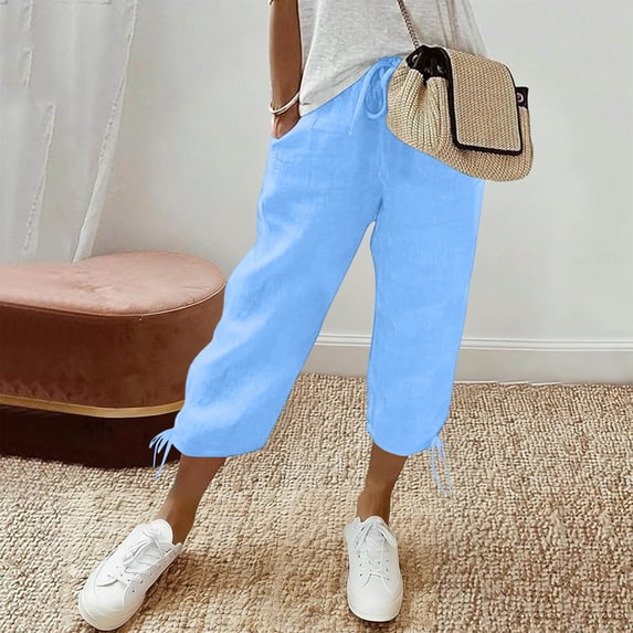 Axiiglly Womens Capri Pants High Rise Adjustable Waist Cropped Pants with Pockets, Gifts for Her, S-3XL