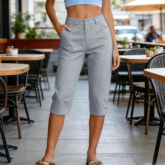 Axiiglly Womens Capri Pants High Waisted Stretch Straight Zipper Button Pockets Capris Twill Chino Dressy Office Cropped Pants, S-3XL