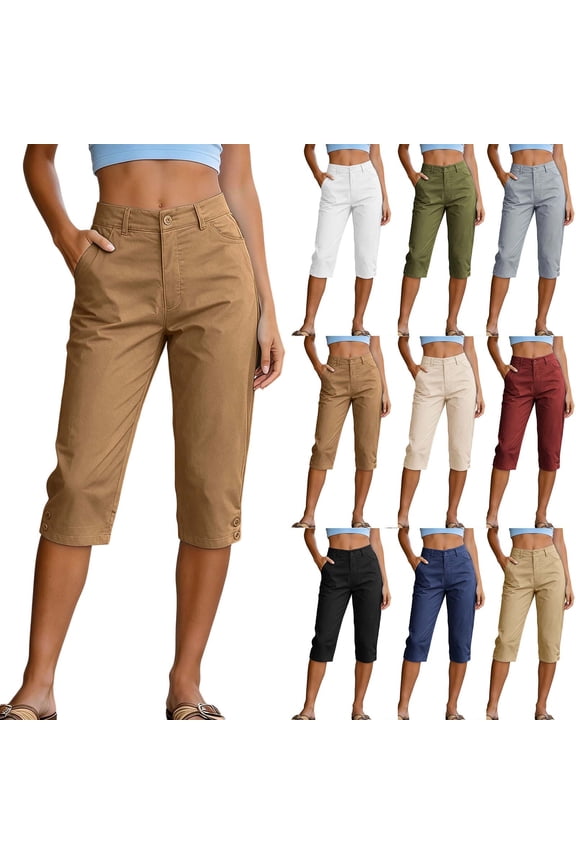 Womens Capri Pants High Waisted Stretch Straight Zipper Button Pockets Capris Twill Chino Dressy Office Cropped Pants, S-3XL