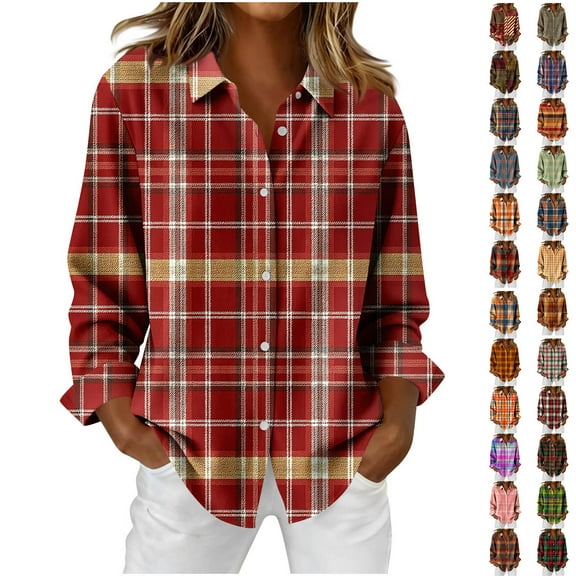 Horkkom Womens Flannel Shirts Long Sleeve Plaid Print Button Down Shirts Casual Loose Flannel Shirt Women L