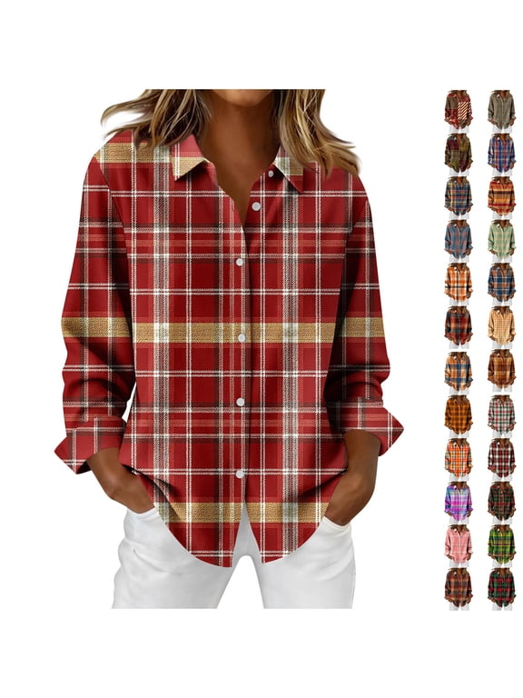 Womens Flannel Shirts Long Sleeve Plaid Print Button Down Shirts Casual Loose Flannel Shirt Women L