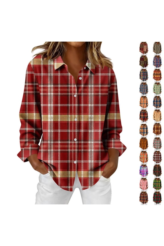 Womens Flannel Shirts Long Sleeve Plaid Print Button Down Shirts Casual Loose Flannel Shirt Women L