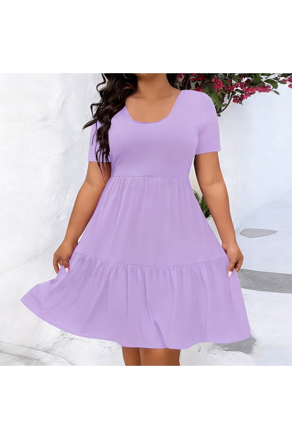 Womens Plus Size Dresses Short Sleeve Tiered Ruffle Summer Boho Flowy Mini Sundresses Knee Length Curvy A Line Dress, XL-5XL