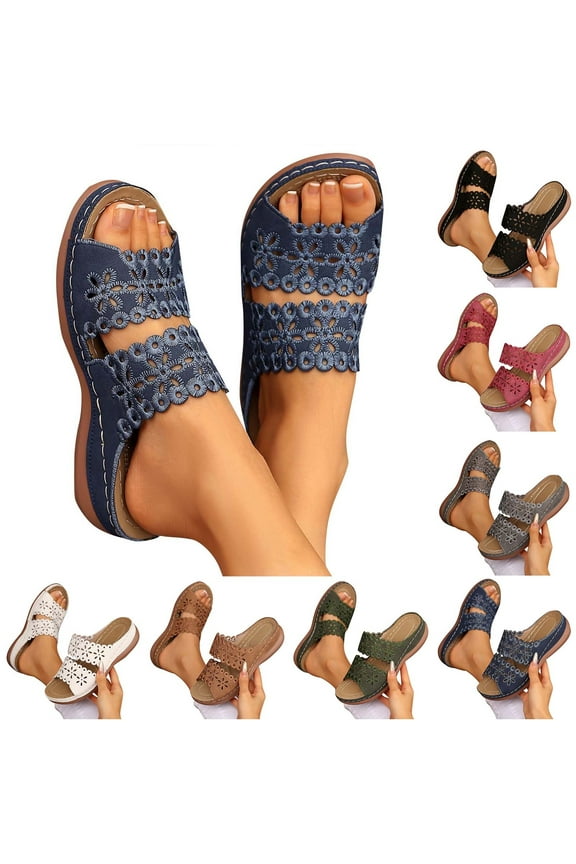 Womens Sandals Casual Wide Width Orthopedic Sandals Comfortable Open Toe Flat Sandals Dressy Soft Low Heel Walking Sandal Fashion Beach Sandals with Arch Support