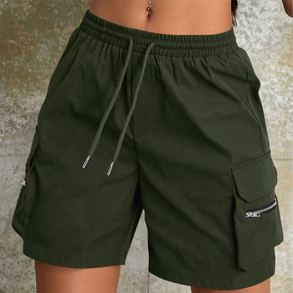 Axiiglly Womens Shorts Drawstring Elastic Waist Solid Color Summer Casual Short with Zipper Pockets Fashion Cargo Hiking Shorts, S-2XL