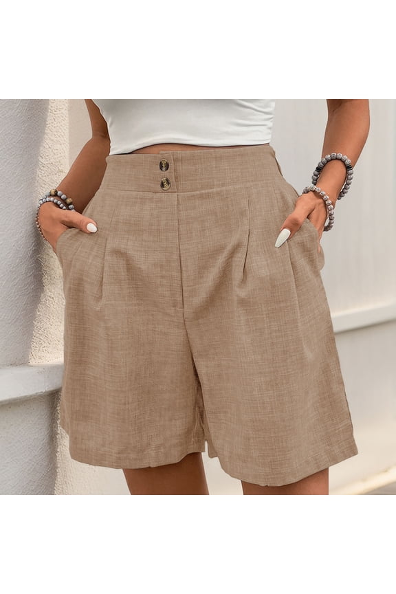 Womens Shorts Mid High Rise Elastic Waist 2 Pockets Pleated Cotton Summer Casual Bermuda Shorts Khaki XL