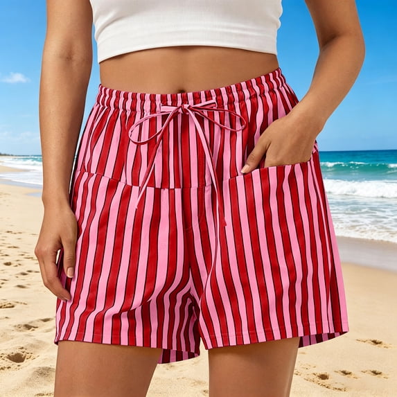 Axiiglly Womens Shorts Striped Print High Mid Rise Drawstring Elastic Waist Summer Beach Boho Shorts with Pockets, S-3XL
