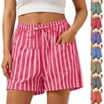 thumbnail image 1 of Axiiglly Womens Shorts Striped Print High Mid Rise Drawstring Elastic Waist Summer Beach Boho Shorts with Pockets, S-3XL, 1 of 6