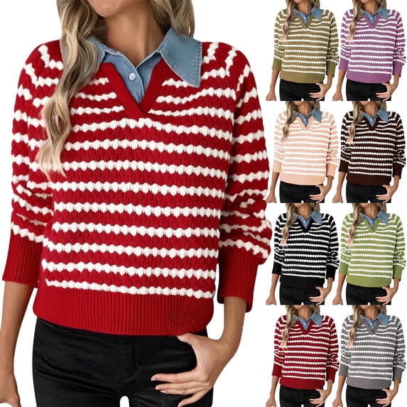 Horkkom Womens Sweaters Lapel V Neck Button Long Sleeve Pullover Sweaters Casual Trendy Knit Sweater L