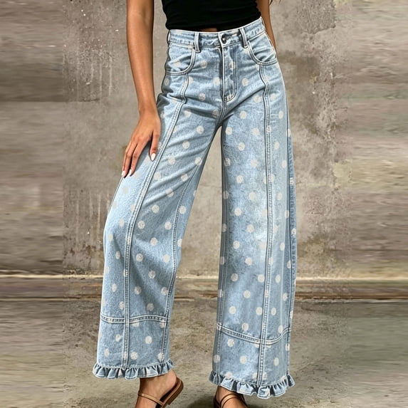 Axiiglly Womens Wide Leg Jeans Polka Dot High Waisted Straight Ruffle Hem Boho Denim Pants with Pockets