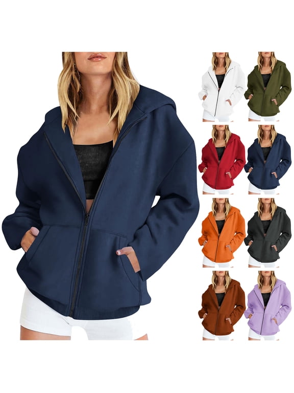 Zip Up Hoodie Women Long Sleeve Hooded Sweatshirts Solid Color Casual Jackets Winter Soft Warm Hoodies with Pockets