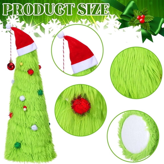 Aximioll 18 Inch Fuzzy Plush Tabletop Christmas Tree, Bent Tip with Mini Santa Hat and Colorful Ball Accents, Whimsical Holiday Centerpiece for Desk and Mantel Displays