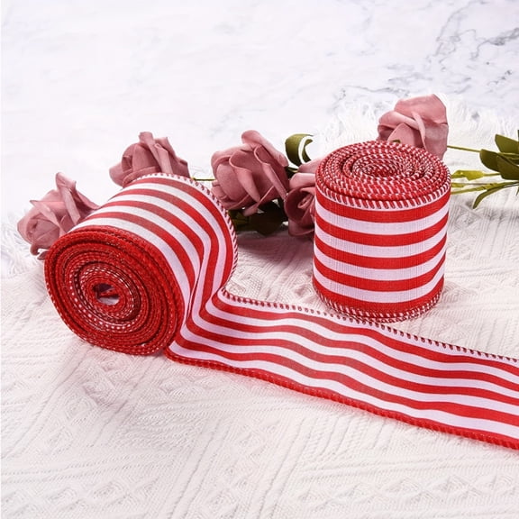 Aximioll 2.5Inch x 5 Yard Christmas Wired Ribbon, Red White Stripe Fabric Decorative Ribbon for Gift Wrapping Tree Bow Wreath Holiday Craft Decoration