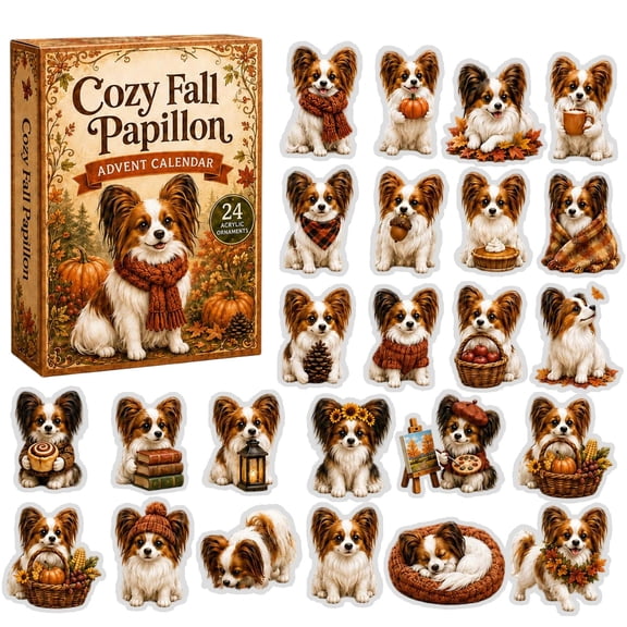 Aximioll 24Pcs Cozy Fall Papillon Dog Advent Calendar, 2D Acrylic Ornament Blind Box, Autumn Theme Hanging Pendant Set, Thanksgiving Christmas Countdown Decor for Tree Home Party