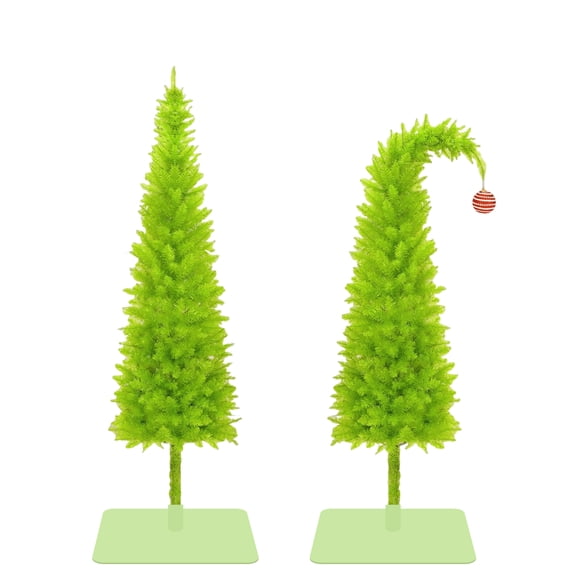 Aximioll 3 Ft Curved Tip Christmas Tree, Playful Green Pencil Silhouette with Striped Ball and Square Stand, Holiday Centerpiece for Whimsical Home Displays