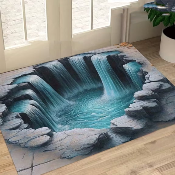 Aximioll 3D Optical Illusion Floor Mat Style I 19.69 in, Non-Slip Water-Absorbent Crystal Velvet with Wide Waterfall Scene, Washable Entry Rug for Front Foyer and Bath