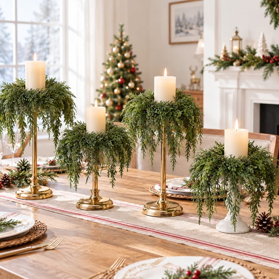 Aximioll 4 Pack Artificial Cedar Candle Ring, 11.8 Inch Faux Greenery Candle Wreath for Pillar Candle, Christmas Table Centerpiece, Mantel, Holiday Indoor Home Decor (Candle Not Included)