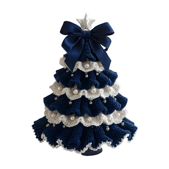 Aximioll 5.1 Inch Handmade Crochet Christmas Tree in Dark Blue, White Ruffled Edges with Pearl Beads Star and Matching Bow, Holiday Accent for Cozy Desk and Mantel Displays