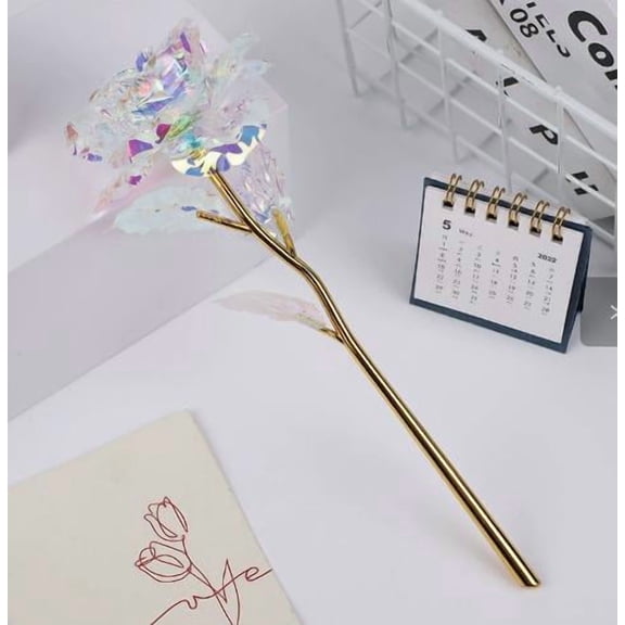 Aximioll 9.84 in Artificial Rose Floral Vine Stem, Iridescent Clear Crystal Blossom on Gold-Plated Stem, Sparkling Floral Tabletop Accent for Vases and Home Displays