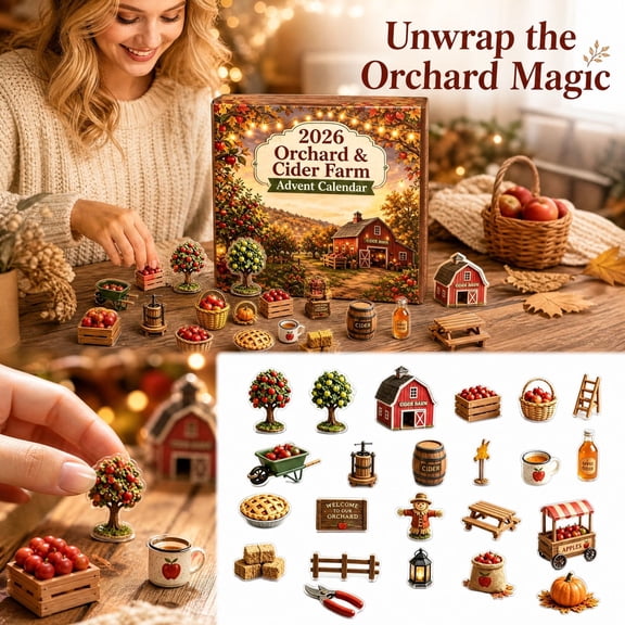 Aximioll Apple Orchard Cider Farm Christmas Advent Calendar, 24 Days of Acrylic Cutout Barns Produce and Cider Tools, Tabletop Holiday Display and Farmhouse Keepsake Gift