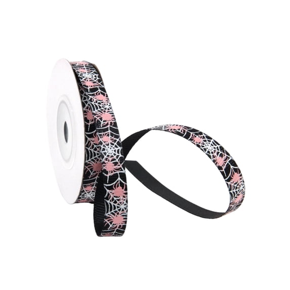Aximioll Balck Halloween Ribbon, 1 Rolls Spooky Grosgrain Ribbons | 0.39 inch Wide Pink Black Ribbons, Pumpkin Ghost Spider Web Print, Gift Wrapping, Halloween Craft Supplies, Spooky Party Decor