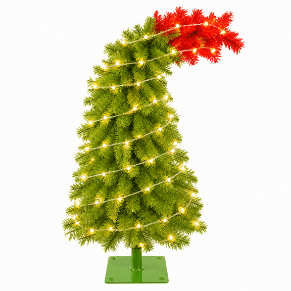 Aximioll Bent Top Prelit Christmas Tree 35" , Whimsical Christmas Tree with 8 Lighting Modes Battery Operated LED Lights with Stand, Tabletop Floor Christmas Tree Holiday Decoration Xmas Decor, Green