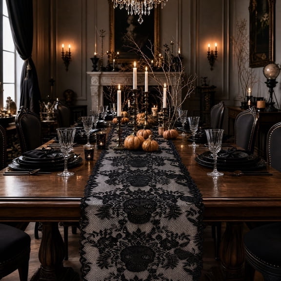 Aximioll Black Lace Halloween Table Runner 11.8 x 23.6 Inch , Skull Floral Pattern Sheer Table Runner, Gothic Halloween Table Decor for Dining Table, Party, Indoor Home Decoration