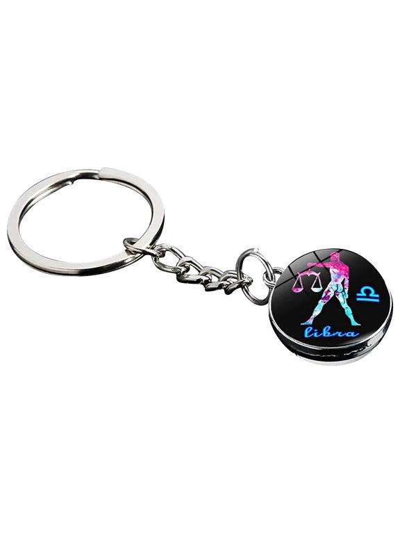 Black Libra Zodiac Disc Keychain 3.15 in, Round Zodiac Disc Pendant with Attached Key Ring, Zodiac Keychain for Keys Handbags Backpacks and Gifts