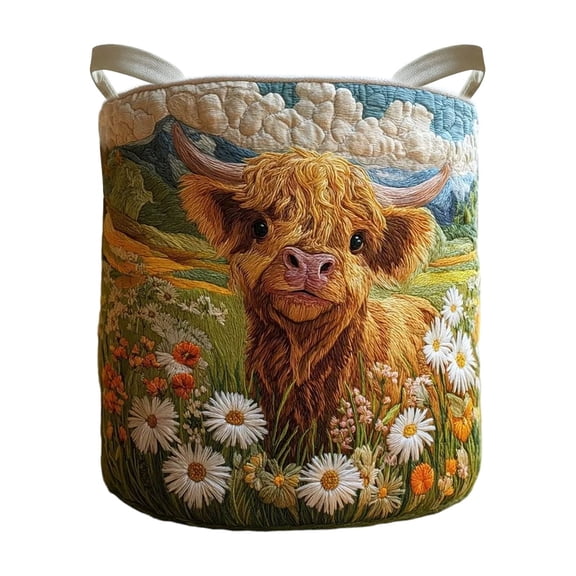 Aximioll Brown Highland Cow 3D Quilted Laundry Hamper 14 x 18 in, Collapsible Fabric Bin with Dual Carrying Handles, Round Clothes Basket for Bedroom and Laundry Room