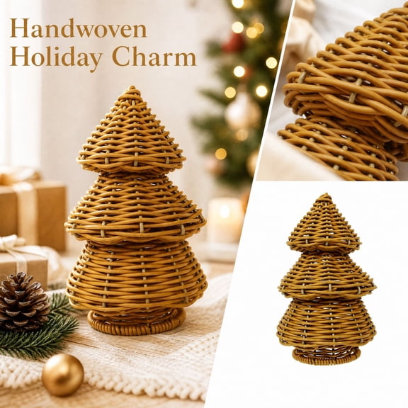 Aximioll Brown Wicker Christmas Tree Decor, 9" 3‑Tier Hand Woven Rattan Xmas Tree, Farmhouse Rustic Christmas Ornament for Mantel, Shelf and Table, Christmas Home Holiday Decoration