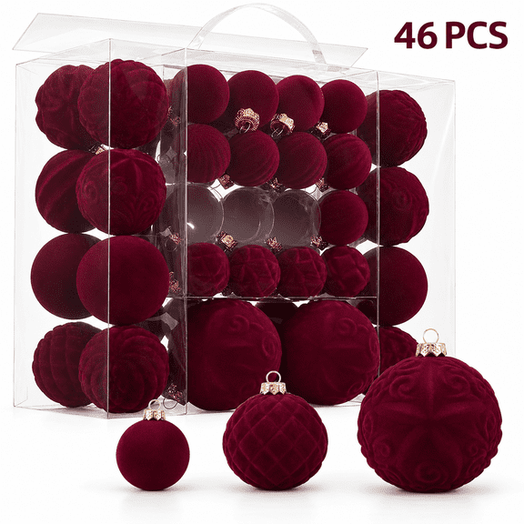 Aximioll Burgundy Velvet Flocked Christmas Ball Ornaments 46 Pack 1.57 to 3.15 in, Smooth and Embossed Baubles with Storage Box, Hanging Decor for Tree and Wreath