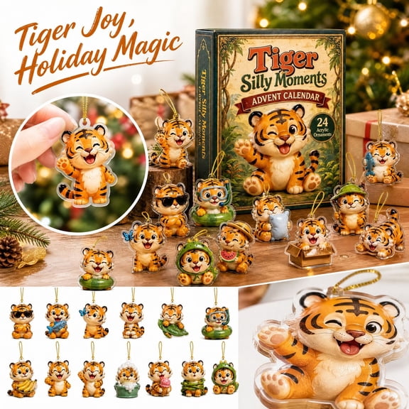 Aximioll Cartoon Tiger Cub Christmas Advent Calendar, 24 Days of Humorous Flat Acrylic Tiger Cub Hanging Ornaments, Holiday Tree Hanging Decor and Whimsical Animal Gift