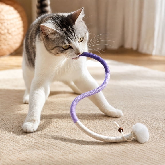 Aximioll Cat Chew Rope Toy, Interactive Kitten Teaser Wand String with Pompoms, Teething Dental Health Exercise Toys for Indoor Cats Solo Active Playing