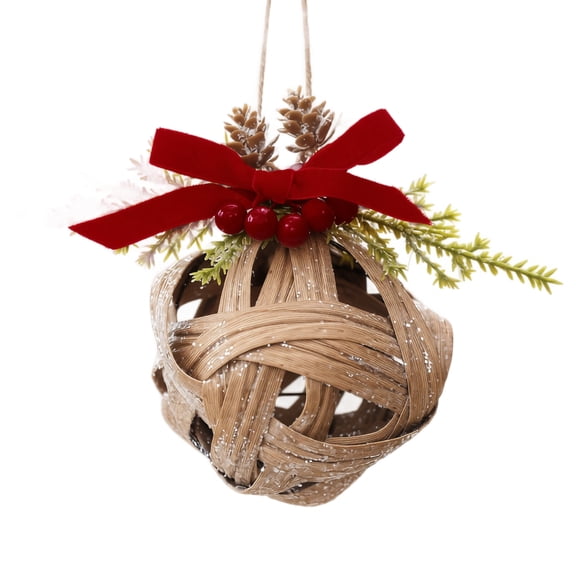 Aximioll Christmas Ball Ornaments 3.93 in, Rustic Woven Spherical Bauble with Pine Needles Pinecones and Red Ribbon, For Christmas Tree Holiday Decor