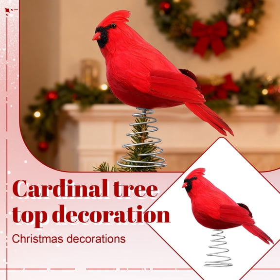 Aximioll Christmas Cardinal Bird Tree Topper 8.3 in Red, Lifelike Feathered Wings with Flexible Coil Spring Base, Festive Figural Crown for Christmas Tree and Mantel