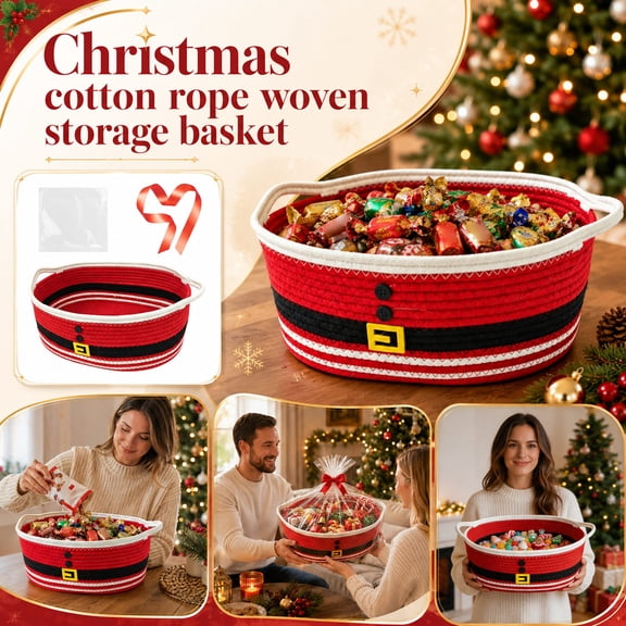 Aximioll Christmas Cotton Rope Woven Storage Basket, 15 Inch Santa Belt Design Decorative Basket with Handles, Xmas Candy Snack Organizer Bin for Tabletop Home Holiday Decoration