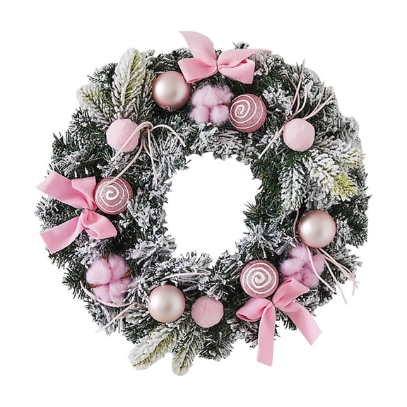 Aximioll Christmas Mauve Pink Frosted Wreath 4 x 8 in, Snowy Evergreen Needles and Swirl Lollipop Bauble Accents, Winter Doorway Ring for Front Porch and Living Room Wall