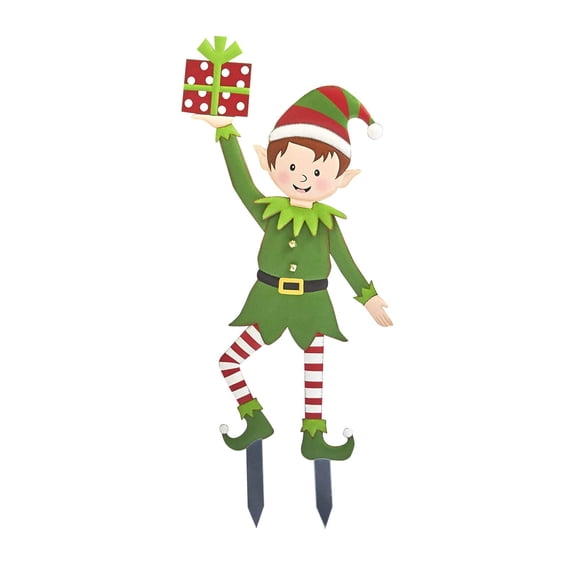 Aximioll Christmas Metal Elf Garden Stake 10.6 in Style B, Joyful Leaping Green Elf Lifting Striped Holiday Gift Box, Holiday Yard Sign for Front Lawn and Pathway Border