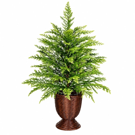 Aximioll Christmas Pedestal Potted Evergreen Tree 23.6 in, Lush Bright Green Foliage with Dark Brown Braided Urn Pot, Faux Potted Winter Greenery for Living Room and Porch