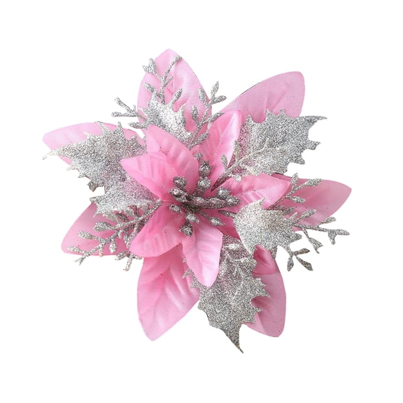 Aximioll Christmas Poinsettia Pick 4 x 6In Pink Silver, Layered Pastel Pink Petals Shimmering Silver Glitter Leaves, Faux Floral Stem for Christmas Tree and Holiday Wreath