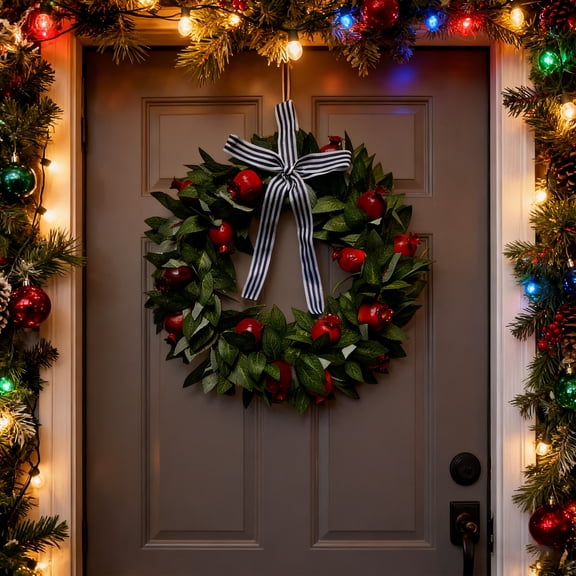 Aximioll Christmas Pomegranate Wreath, 20 Inch Artificial Greenery Vine Garland, Striped Bowknot Holiday Hanging Decor for Front Door Window